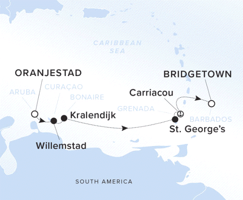 The Ritz-Carlton Evrima A map showing the Caribbean Sea. A line shows the voyage route from Oranjestad to Willemstad, Kralendijk, St. George's, Carriacou and Bridgetown.