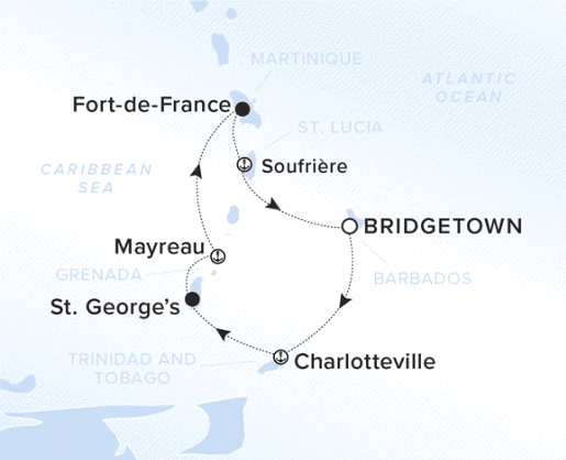 The Ritz-Carlton Evrima A map showing the Atlantic Ocean and Caribbean Sea. A line shows the voyage route from Bridgetown to Charlotteville, St. George's, Mayreau, Fort-de-France, Soufriere and Bridgetown.