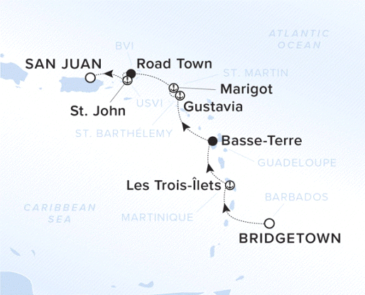 The Ritz-Carlton Evrima A map showing the Atlantic Ocean and Caribbean Sea. A line shows the voyage route from Bridgetown to Les Trois-Ilets, Basse-Terre, Gustavia, Marigot, Road Town, St. John and San Juan.