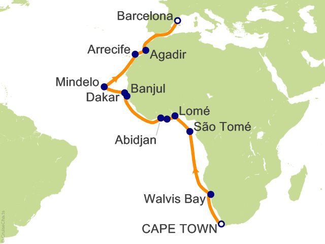 RSSC Regent Seven Seas Navigator Itinerary 2026 Cruises 24 Night West Africa Passage   Cape Town to Barcelona Cruise