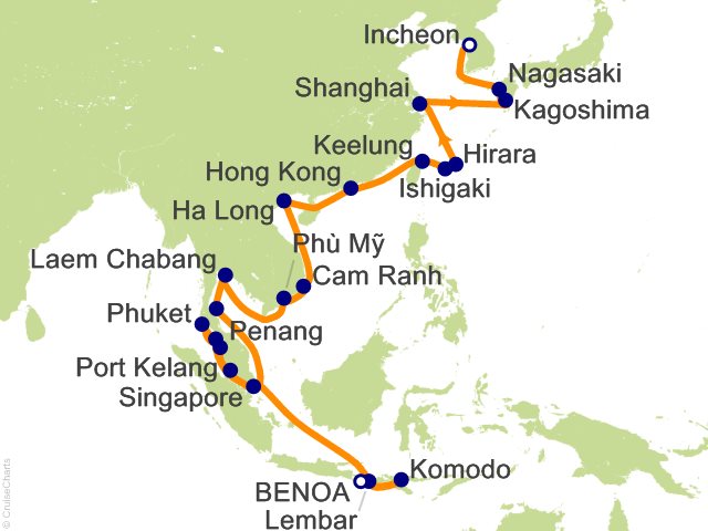 RSSC Regent Seven Seas Explorer Itinerary 2028 Map 35 Night Firecrackers to Skylines   Bali (Benoa) to Seoul (Incheon) Cruise