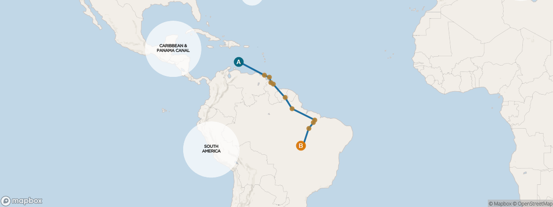 Seven Seas Mariner Voyage MAR270104 itinerary map from Miami to Rio De Janeiro, January 4-22 2027, 18 days
