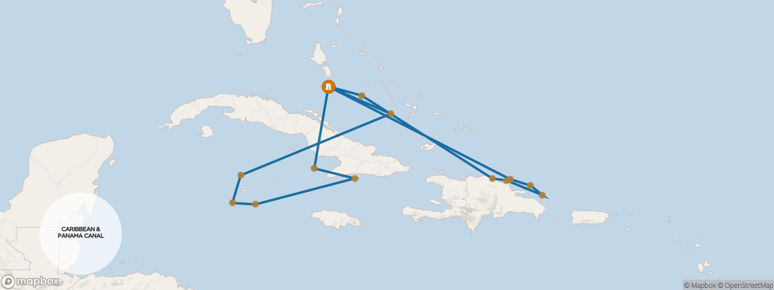 Seven Seas Mariner Voyage MAR270326A itinerary map from Miami to Miami, March 26-April 15 2027, 20 days