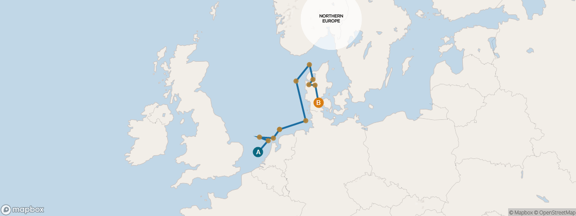 Seven Seas Mariner Voyage MAR270527 itinerary map from Paris (Le Havre) to Copenhagen, May 27-June 10 2027, 14 days