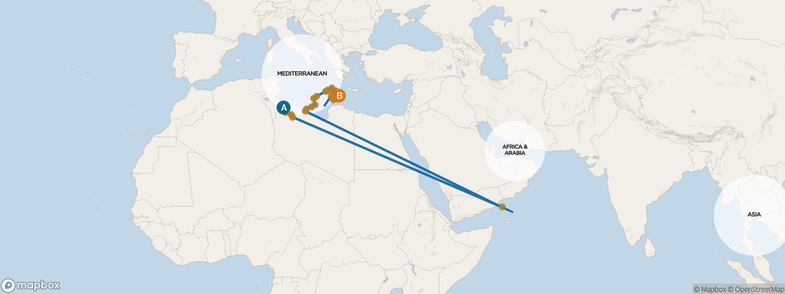 Seven Seas Mariner Voyage MAR270811A itinerary map from Lisbon to Rome (Civitavecchia), August 11-September 2 2027, 22 days