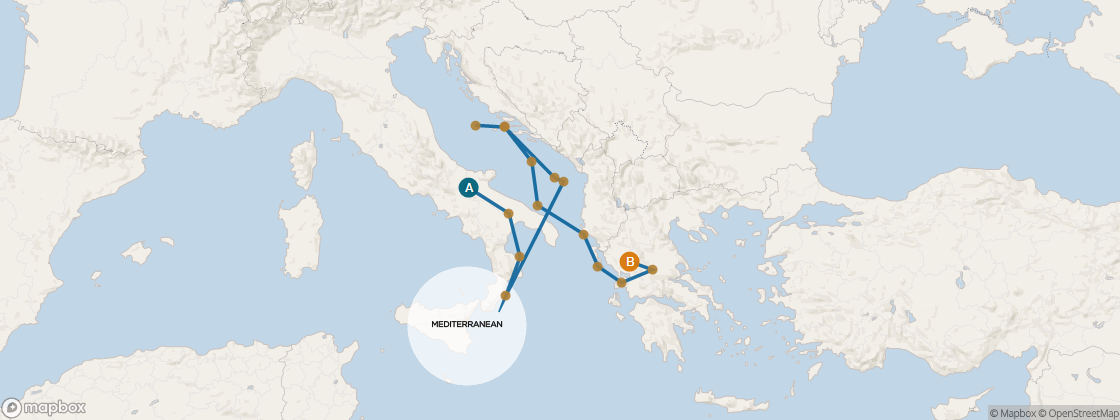 Seven Seas Mariner Voyage MAR270902A itinerary map from Rome (Civitavecchia) to Athens (Piraeus), September 2-20 2027, 18 days