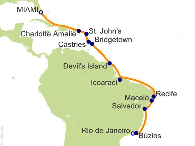 RSSC Regent Seven Seas Mariner Itinerary Cruises 2027 18 Night White Sands and Brazilian Sun   Miami to Rio de Janeiro Cruise