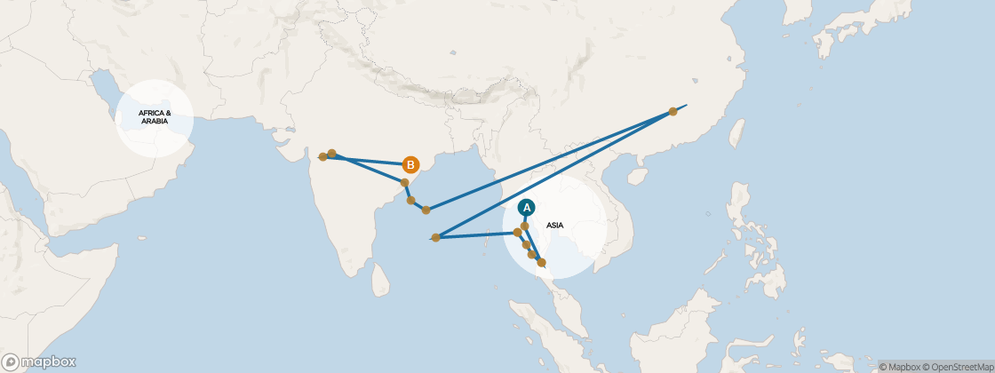 Seven Seas Navigator Voyage NAV260502 itinerary map from Bangkok, Thailand to Doha, Qatar, May 2-22 2026, 20 days