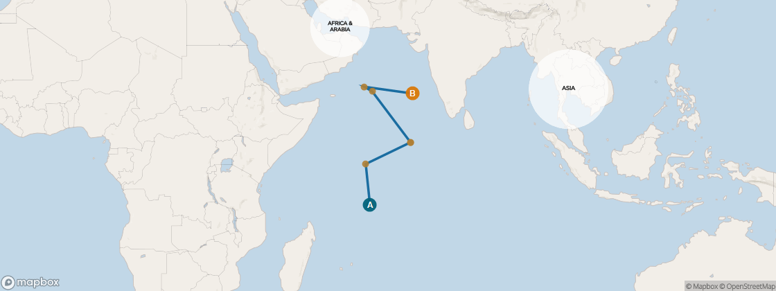 Seven Seas Voyager Voyage VOY270216 itinerary map from Port Louis to Doha, February 16-March 3 2027, 15 days