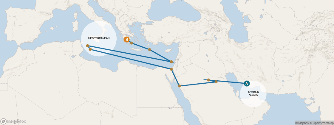 Seven Seas Voyager Voyage VOY270303 itinerary map from Doha to Rome (Civitavecchia), March 3-24 2027, 21 days