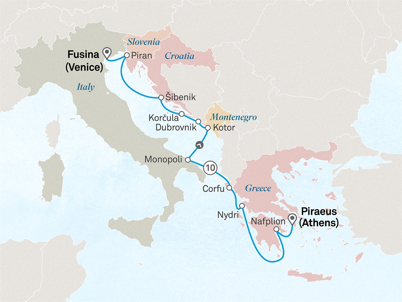 Gems of the Greek Islands & Adriatic Coast: Athens (Piraeus) to Venice Scenic itinerary route map for voyage 101D060628.2