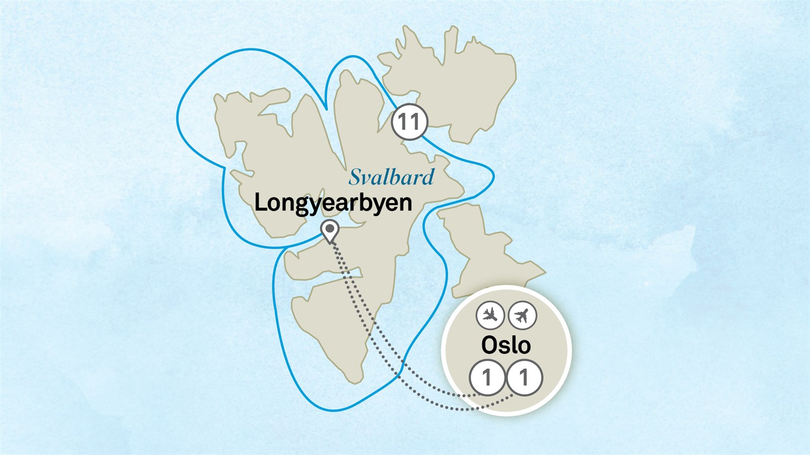 Glaciers & Wildlife of Svalbard: Oslo to Oslo Scenic itinerary route map for voyage 101N280627.1