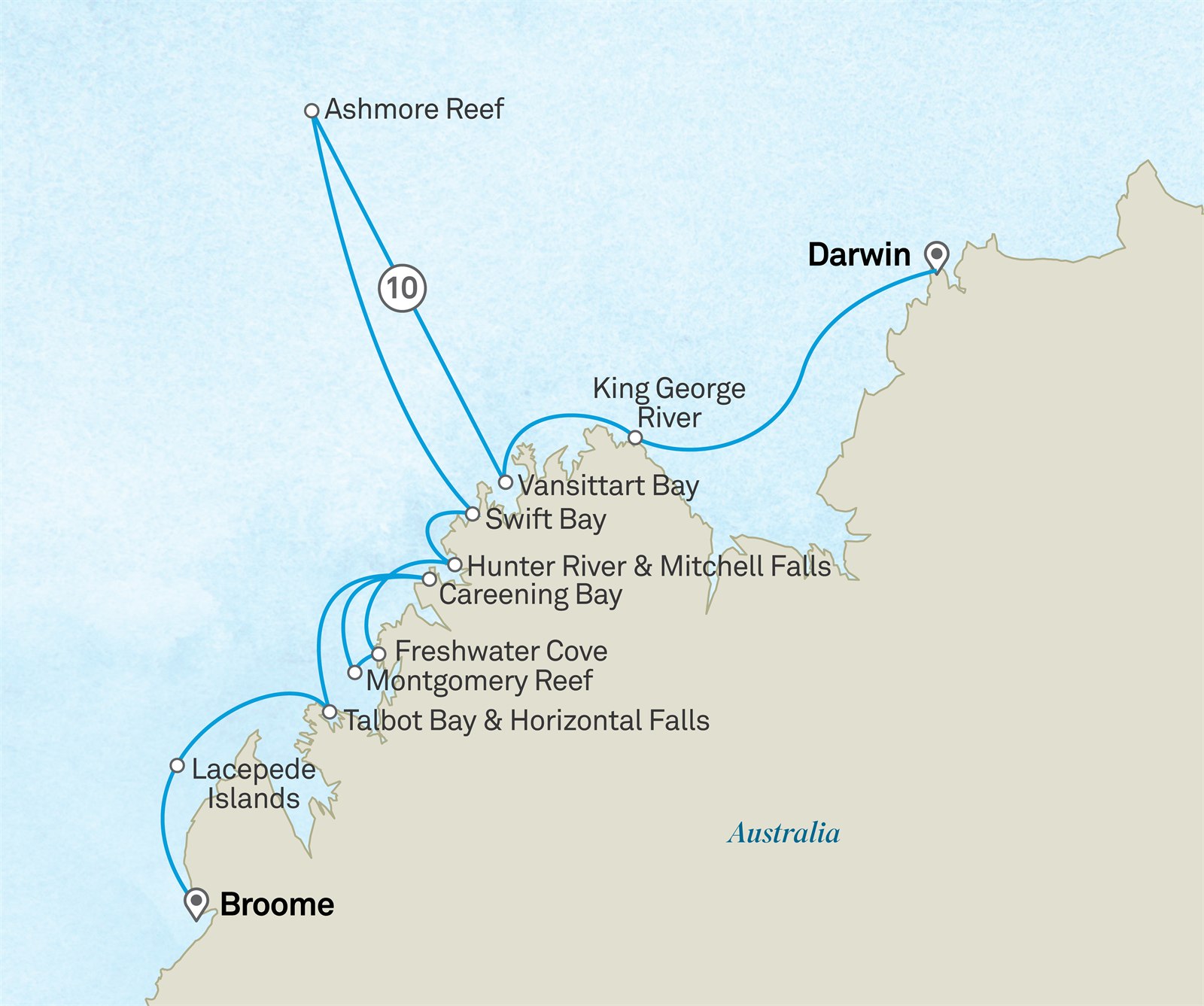 Discover the Kimberley Coastline: An Ancient Wilderness: Broome to Darwin Scenic itinerary route map for voyage 101O280728.2