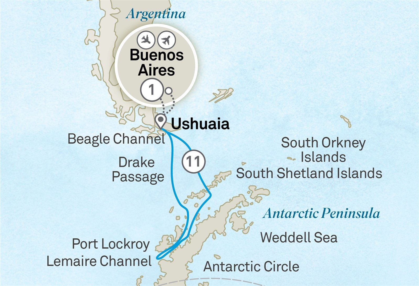 Antarctica in Depth: Buenos Aires to Buenos Aires Scenic itinerary route map for voyage 101S301126.1