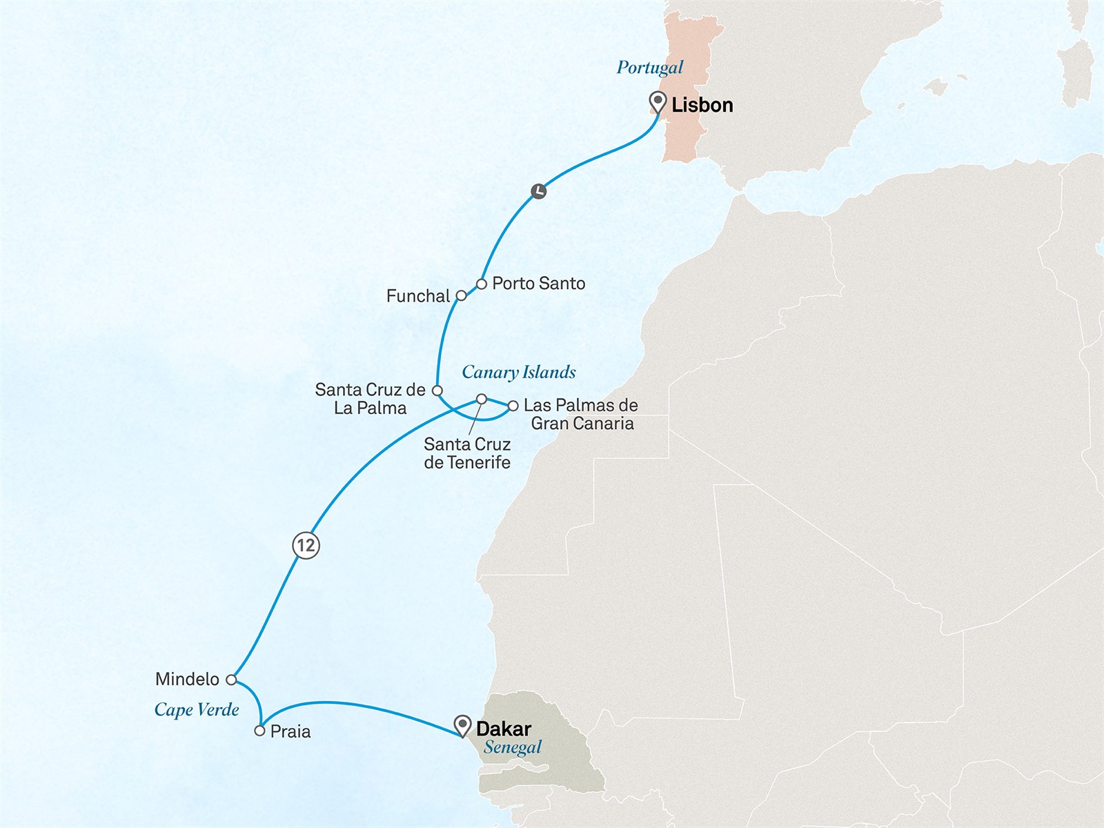 Hidden Gems of the Atlantic & Africa: Lisbon to Dakar Scenic itinerary route map for voyage 101W221028.1