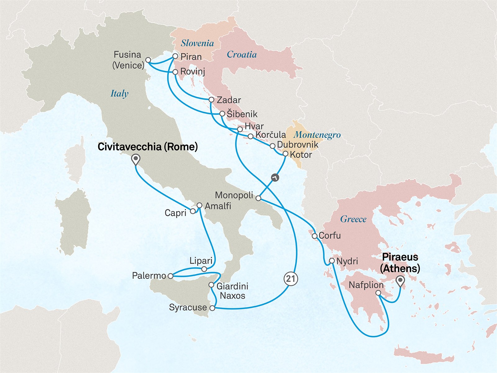 Ultimate Gems of the Greek Islands, Adriatic & Amalfi Coast: Athens (Piraeus) to Civitavecchia (Rome) Scenic itinerary route map for voyage 102D060628.2