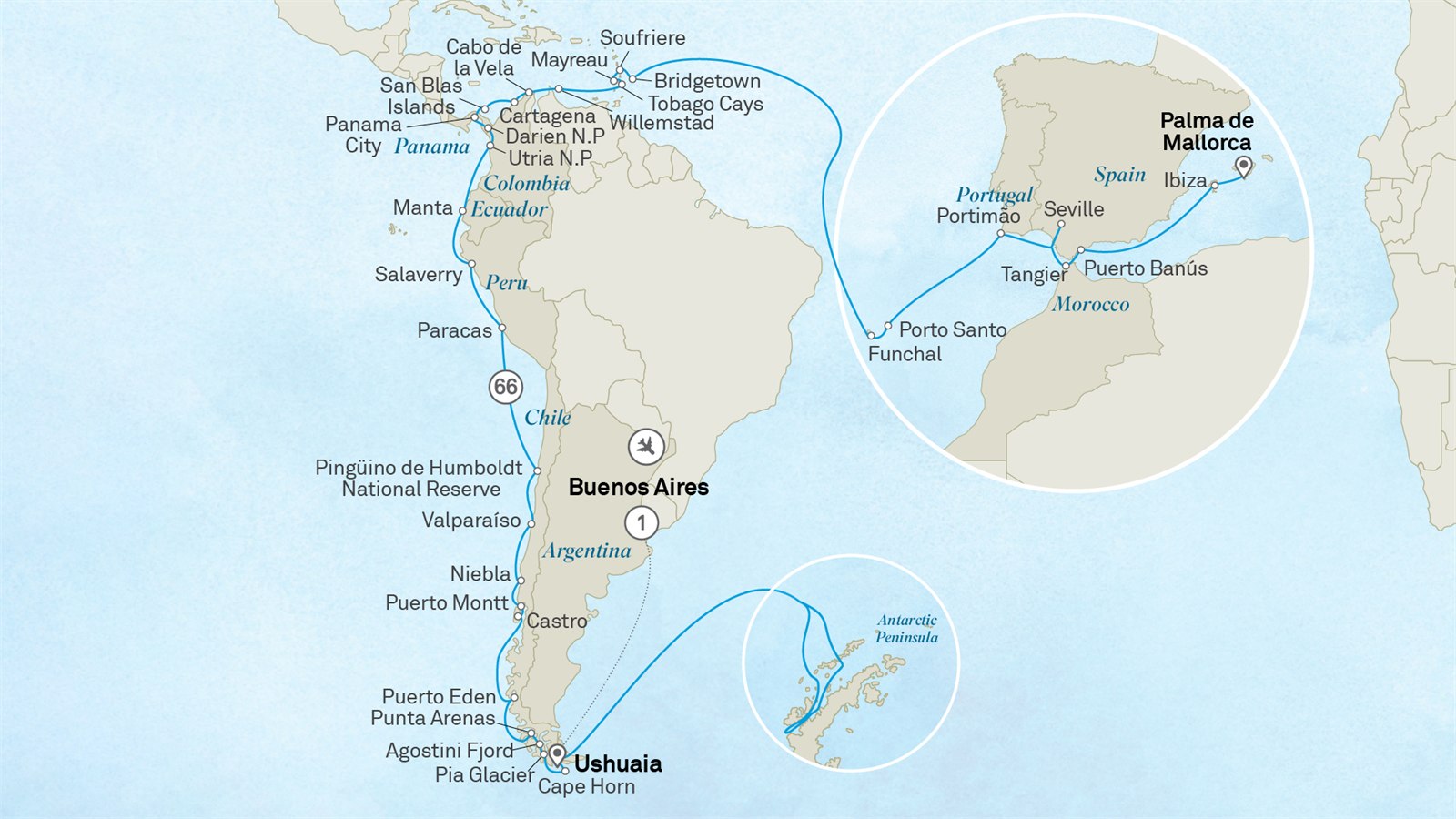Grand Voyage: Antarctica & South America to the Mediterranean: Buenos Aires to Palma Mallorca Scenic itinerary route map for voyage 106S250227.1
