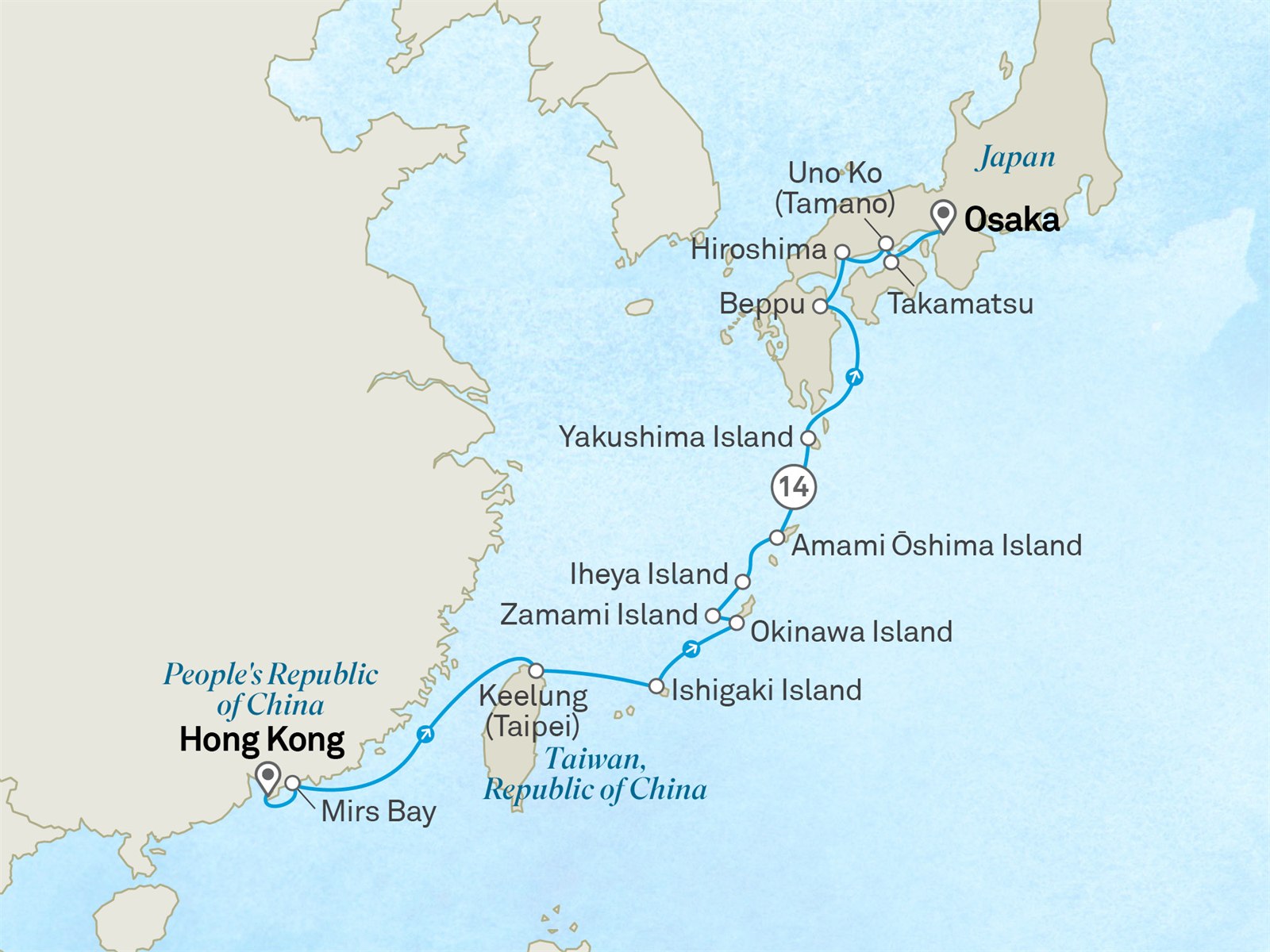 Cultural Horizons of Taiwan & Japan’s Southern Islands: Hong Kong to Osaka Scenic itinerary route map for voyage 111A060329.2