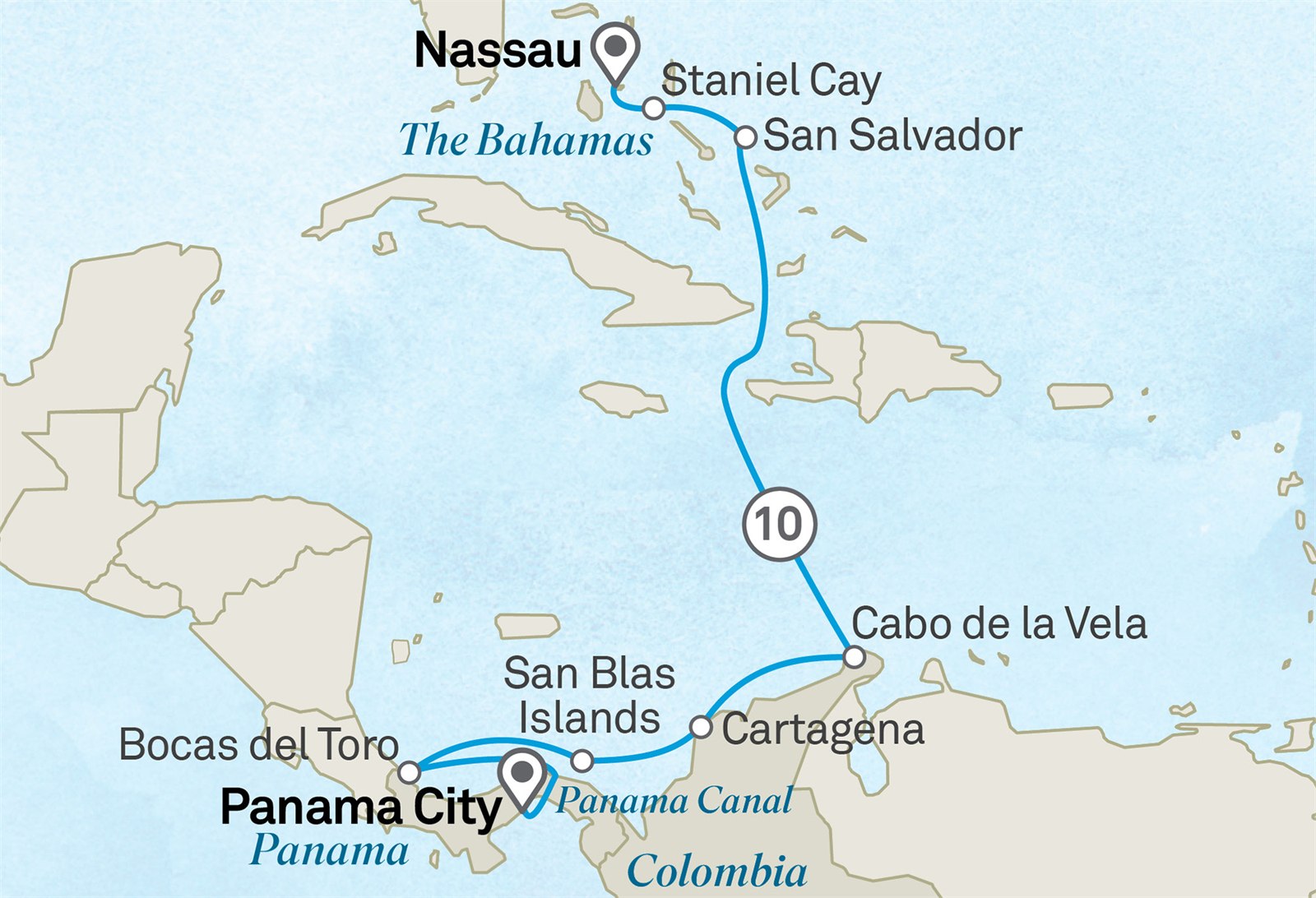 Pristine islands of the Bahamas & the Panama Canal: Nassau to Panama City Scenic itinerary route map for voyage 111C161026.1