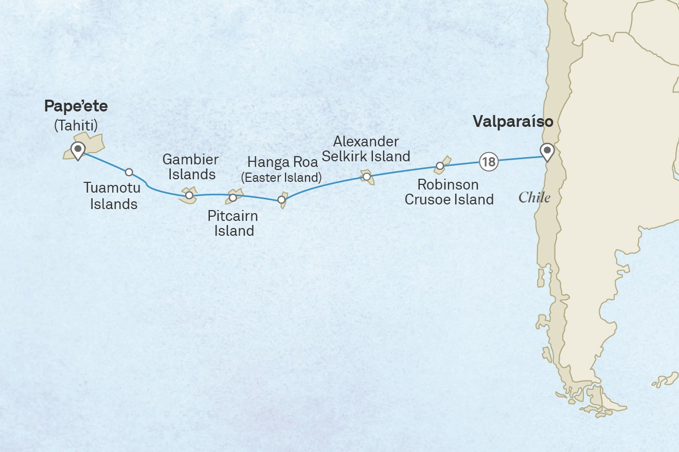 Journey Across the Pacific: Easter Island & French Polynesia: Santiago to Papeete Scenic itinerary route map for voyage 111F260328.2
