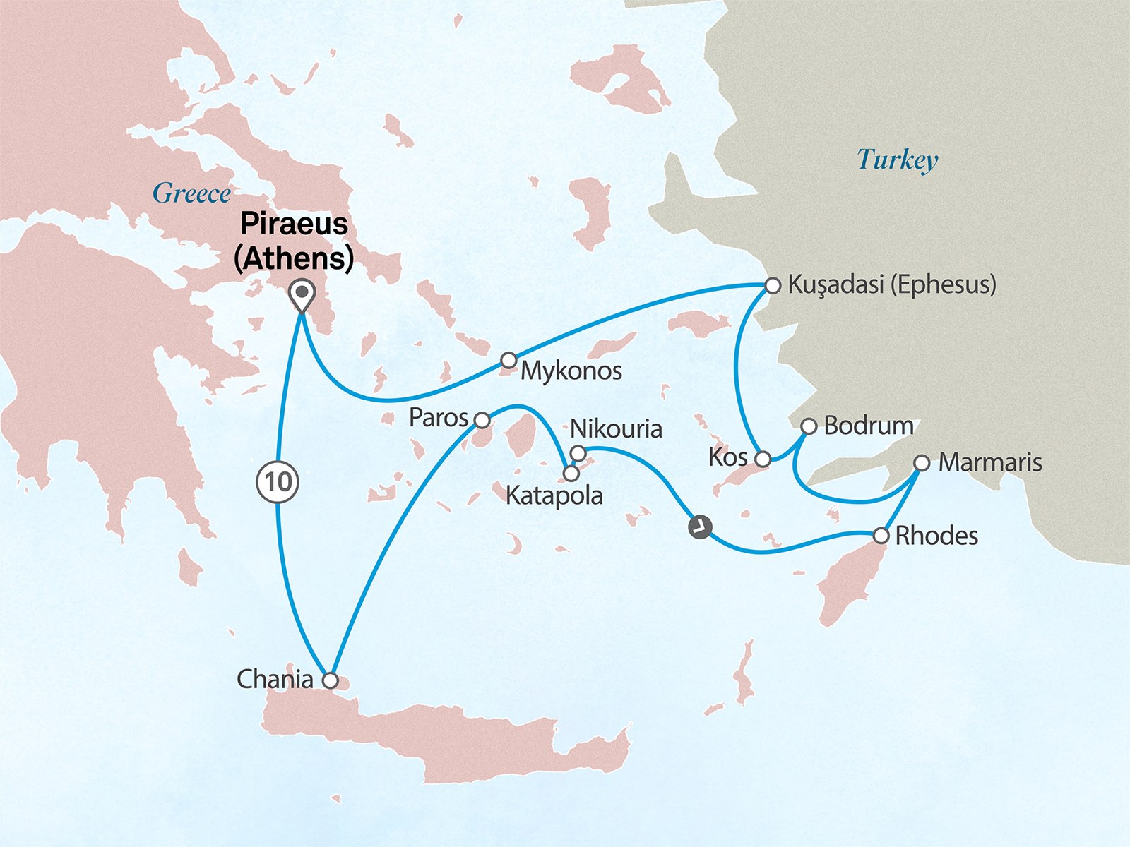 Wonders of the Greek Islands & Aegean Riviera: Athens (Piraeus) to Athens (Piraeus) Scenic itinerary route map for voyage 111G270528.1