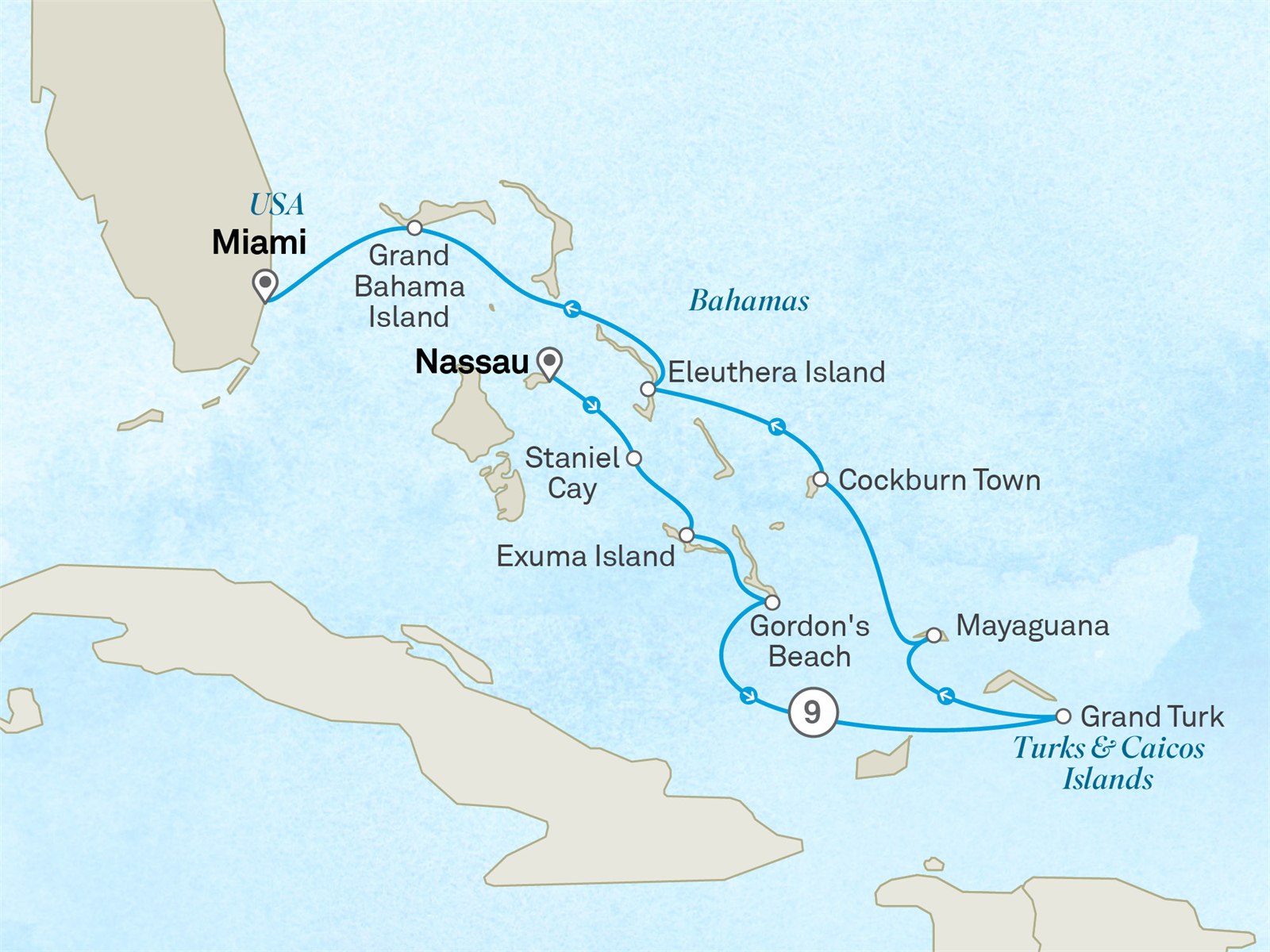 Caribbean Passage: Bahamas to Miami: Nassau to Miami Scenic itinerary route map for voyage 111J041028.2