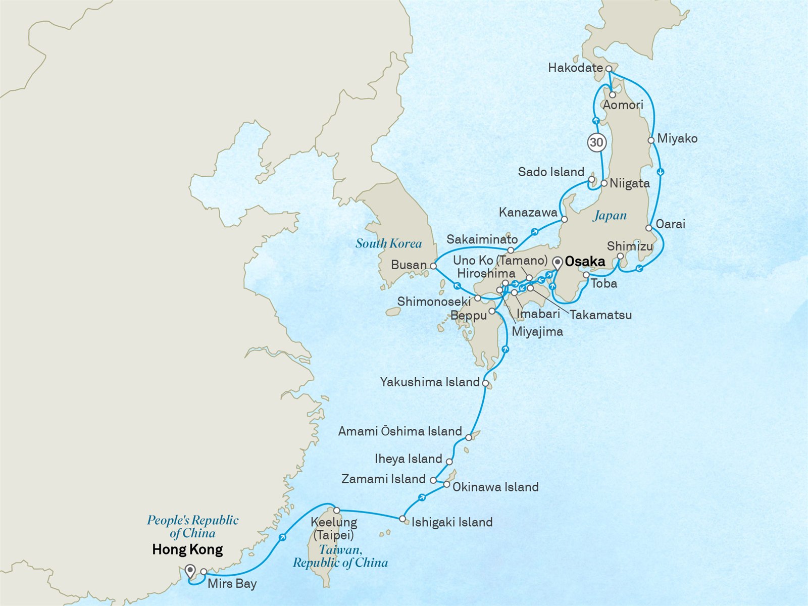 Ultimate Voyage: Japan’s Remote Islands, Icons & Coastal Discovery: Hong Kong to Osaka Scenic itinerary route map for voyage 112A060329.2