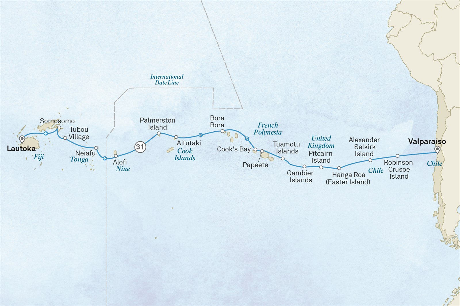 Ultimate Voyage: Easter Island, French Polynesia & Pacific Discovery: Santiago to Nadi Scenic itinerary route map for voyage 112F260328.2