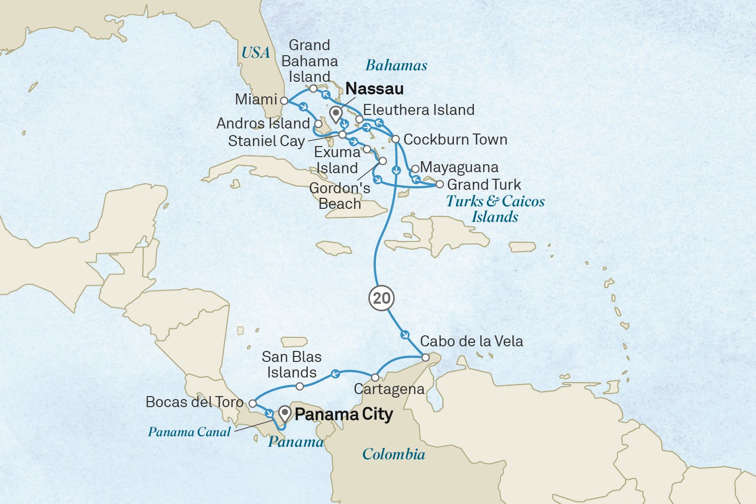 Ultimate Voyage: Caribbean Islands & the Panama Canal: Nassau to Panama City Scenic itinerary route map for voyage 112J041028.1