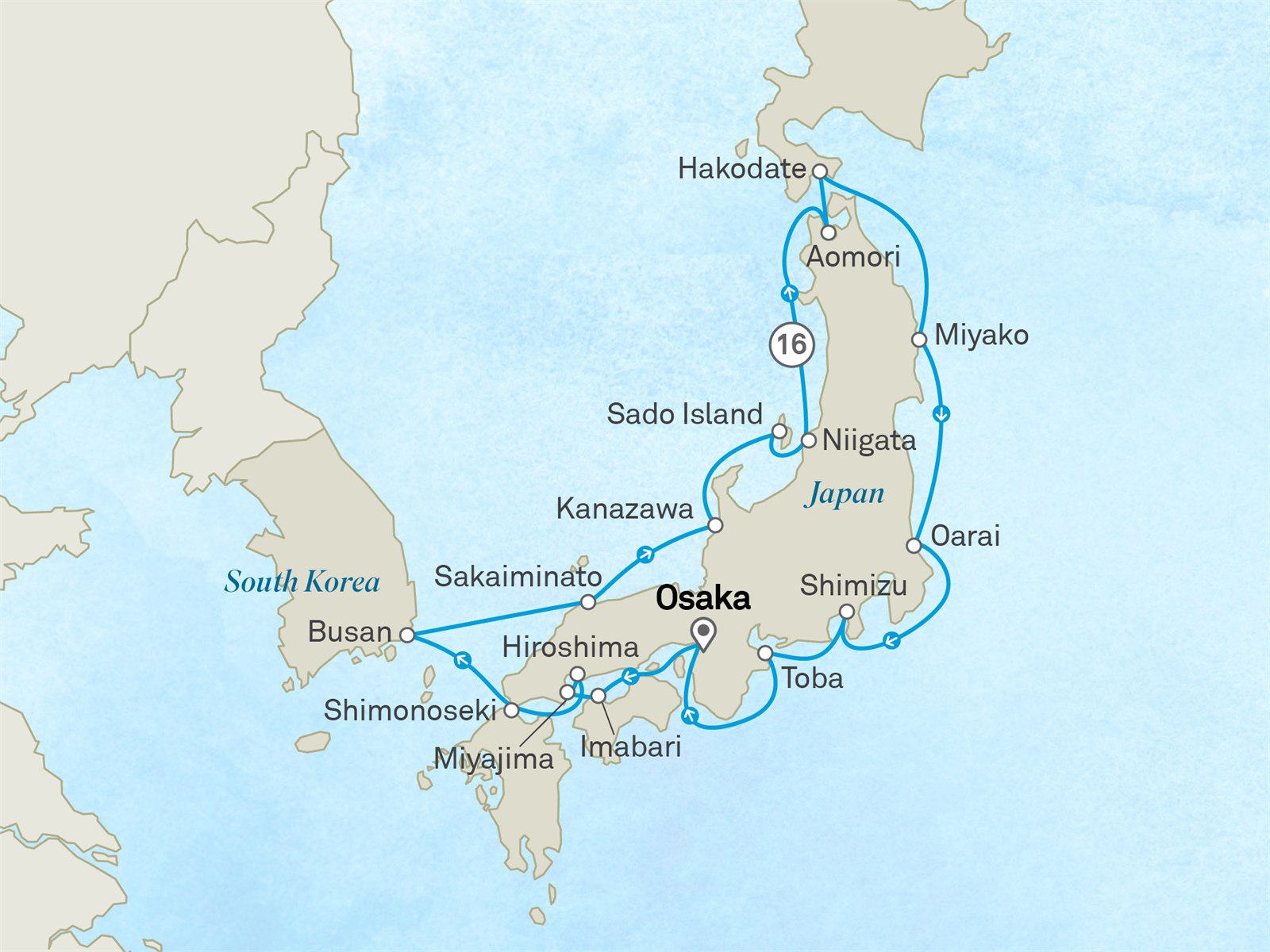 Circumnavigation of Japan: Icons, Traditions & Coastal Discovery: Osaka to Osaka Scenic itinerary route map for voyage 121A200329.1