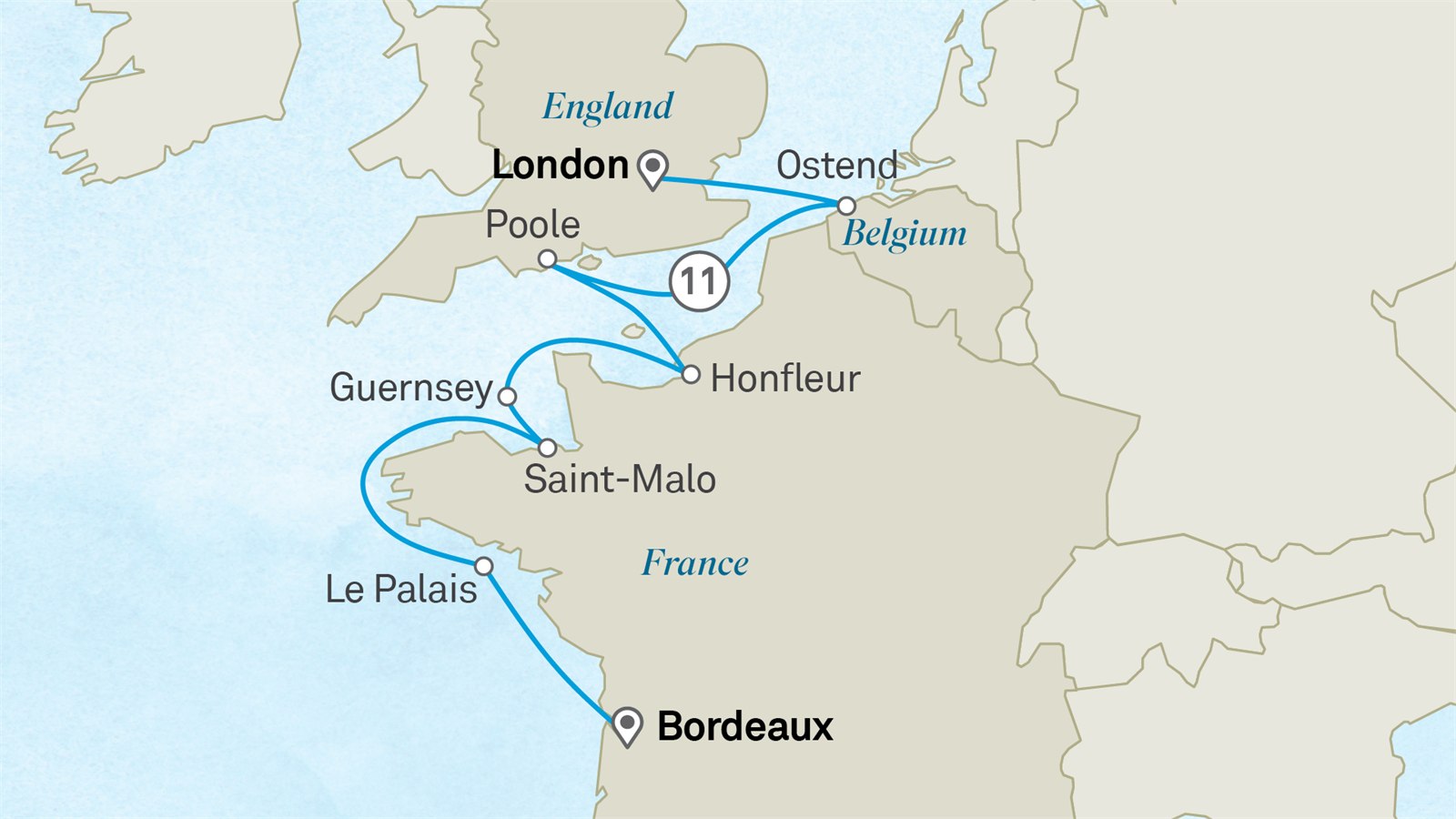 Wonders of Europe: Bordeaux to London Scenic itinerary route map for voyage 121E260727.2