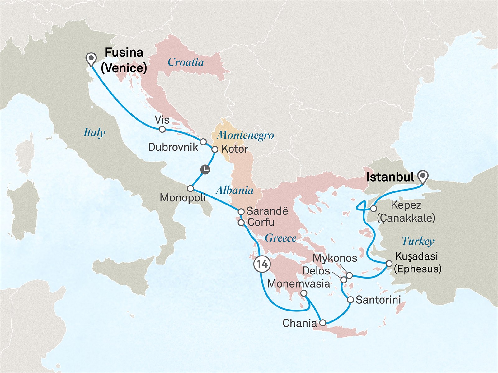 Iconic Greek Islands & Gallipoli Peninsula: Venice to Istanbul Scenic itinerary route map for voyage 121G290728.1