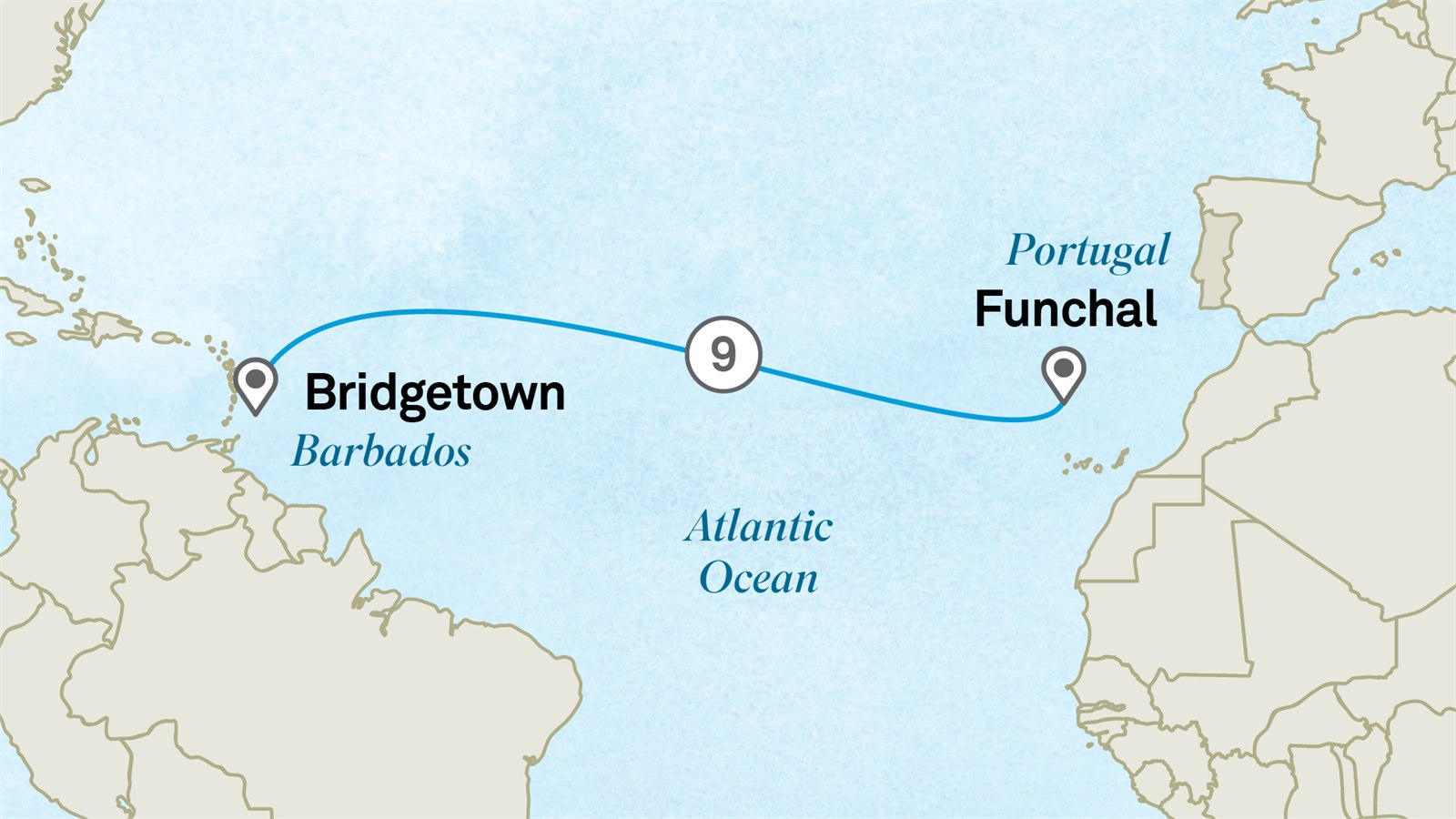 Wellness Retreat: Barbados to Portugal: Bridgetown to Funchal Scenic itinerary route map for voyage 121R140427.2
