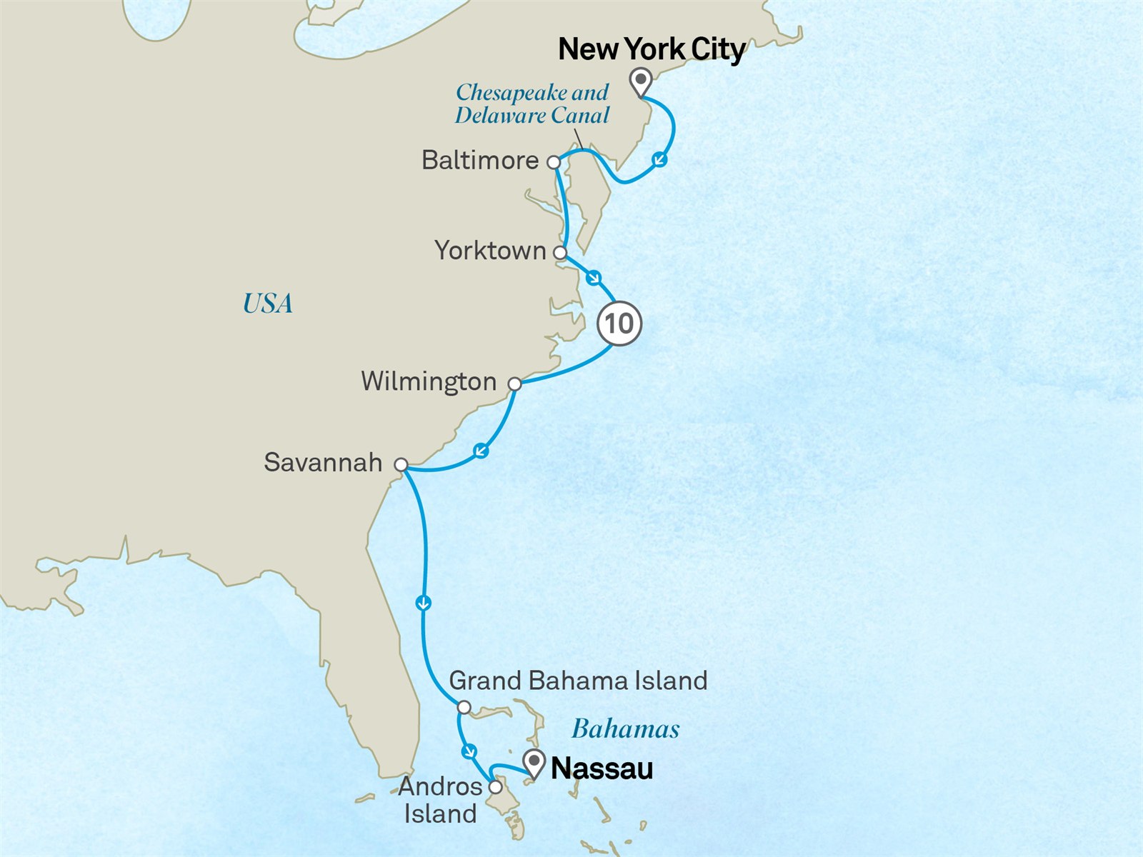 America's East Coast to the Bahamas: New York City to Nassau Scenic itinerary route map for voyage 121U240928.1