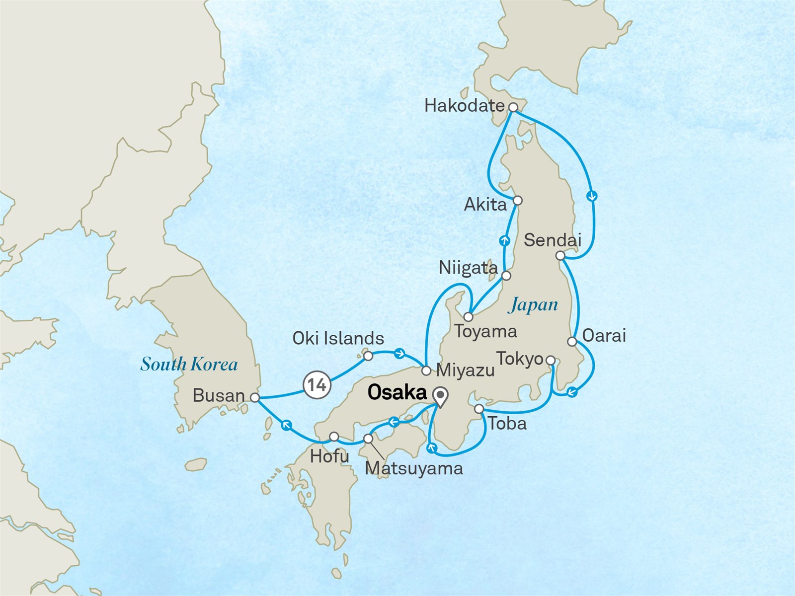 Circumnavigation of Japan: Sacred Isles & Northern Shores: Osaka to Osaka Scenic itinerary route map for voyage 131A050429.1