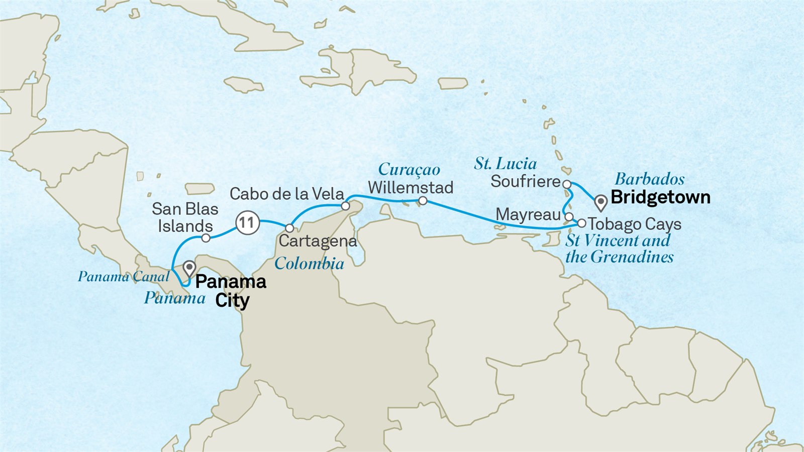 Pristine islands of the Caribbean & the Panama Canal: Panama City to Bridgetown Scenic itinerary route map for voyage 131C030427.2