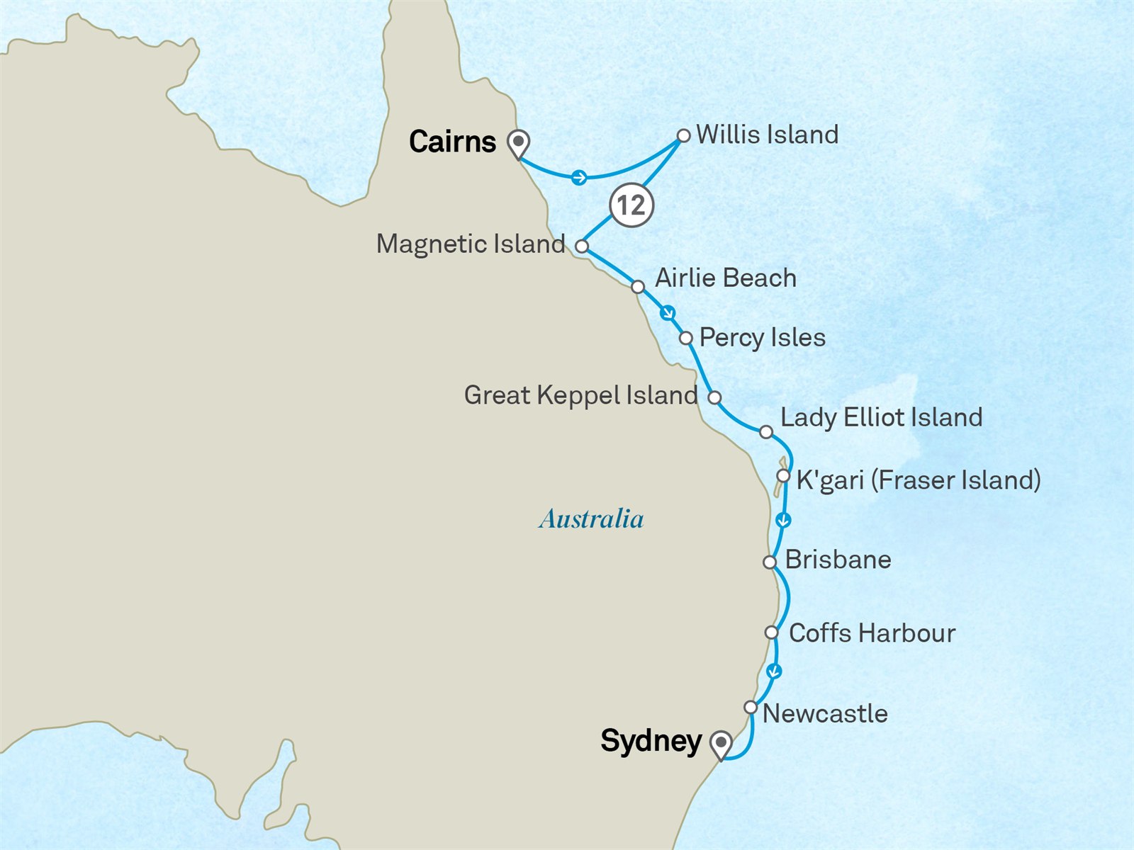 Australia’s East Coast & the Great Barrier Reef: Cairns to Sydney Scenic itinerary route map for voyage 131O291028.1