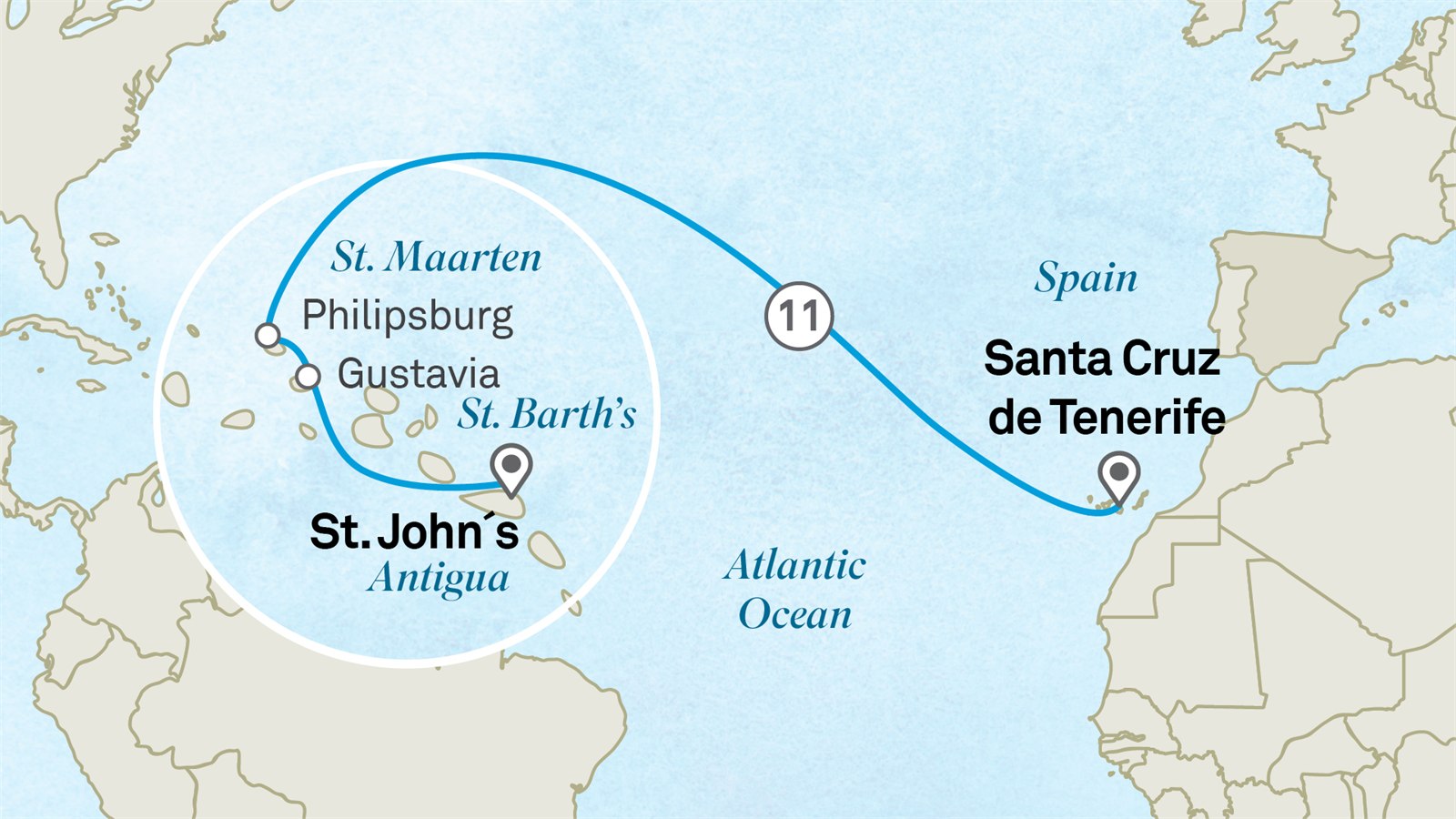 Wellness Retreat: Spain to Antigua: Tenerife to St John's Scenic itinerary route map for voyage 131R041027.2