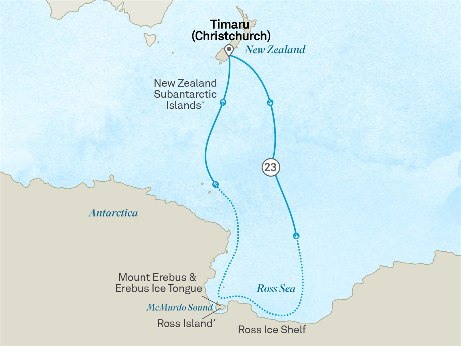 Antarctica's Ross Sea: Majestic Ice & Wildlife: Christchurch to Christchurch Scenic itinerary route map for voyage 131S131228.1