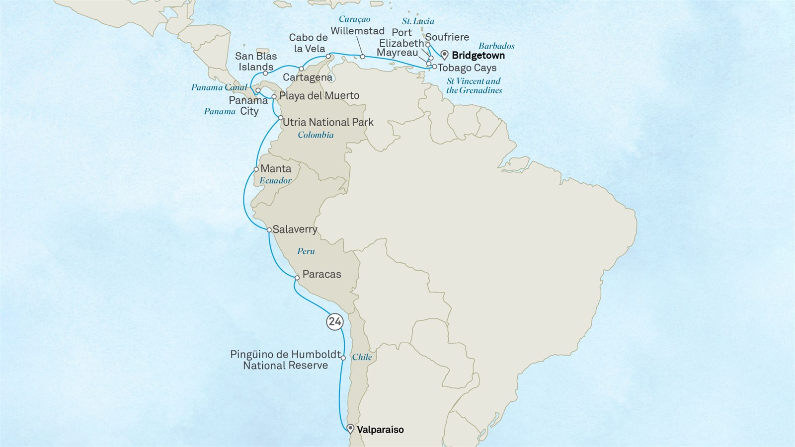 Ultimate South America to the Caribbean through the Panama Canal: Santiago to Bridgetown Scenic itinerary route map for voyage 132C210327.2
