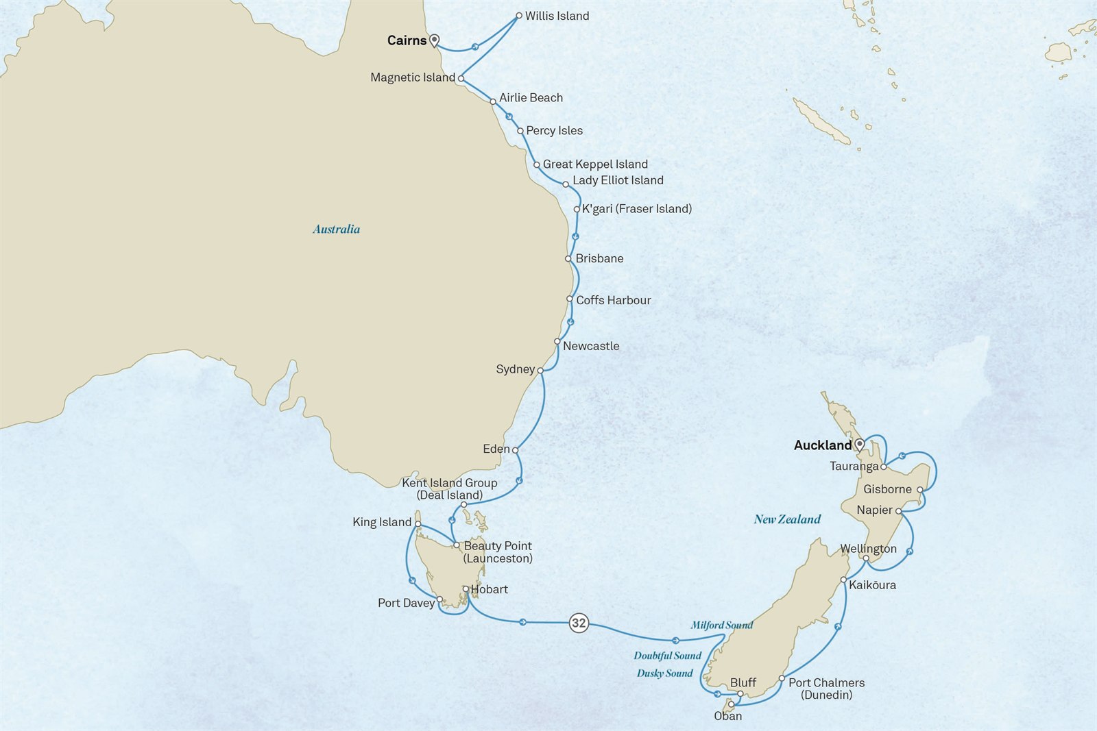 Ultimate Voyage: Great Barrier Reef & New Zealand's Fjords: Cairns to Auckland Scenic itinerary route map for voyage 133O291028.1