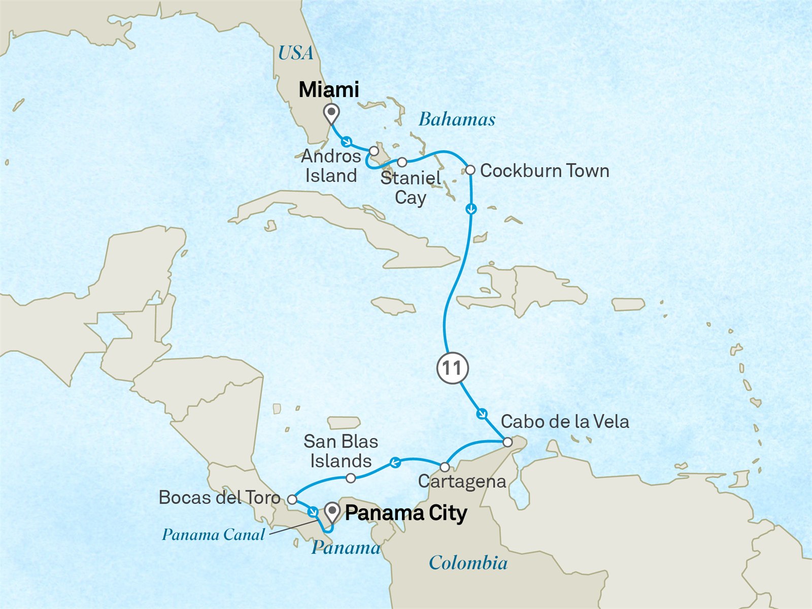 Voyage of the Tropics: Bahamas, Caribbean & Panama Canal: Miami to Panama City Scenic itinerary route map for voyage 141C131028.1