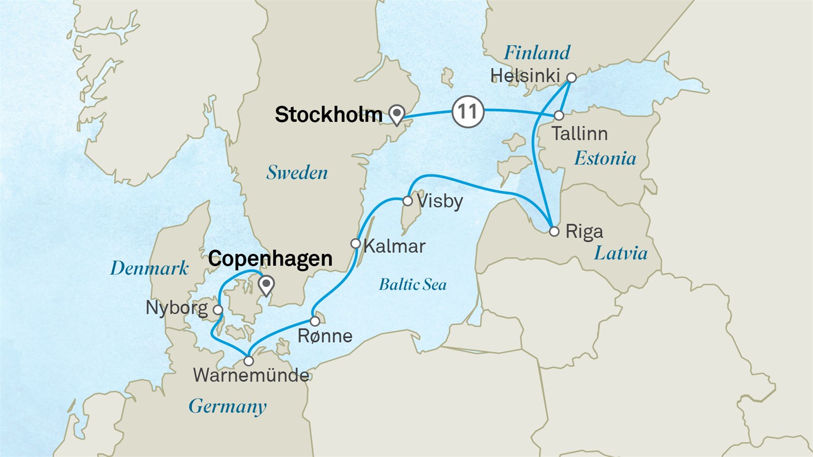 Baltic Splendor: Stockholm to Copenhagen Scenic itinerary route map for voyage 141E280827.1