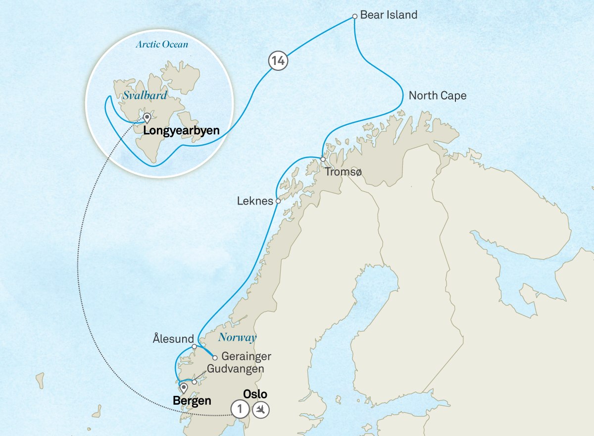 Norwegian Fjords, Wildlife of Svalbard & The Arctic: Bergen to Oslo Scenic itinerary route map for voyage 141N150627.2