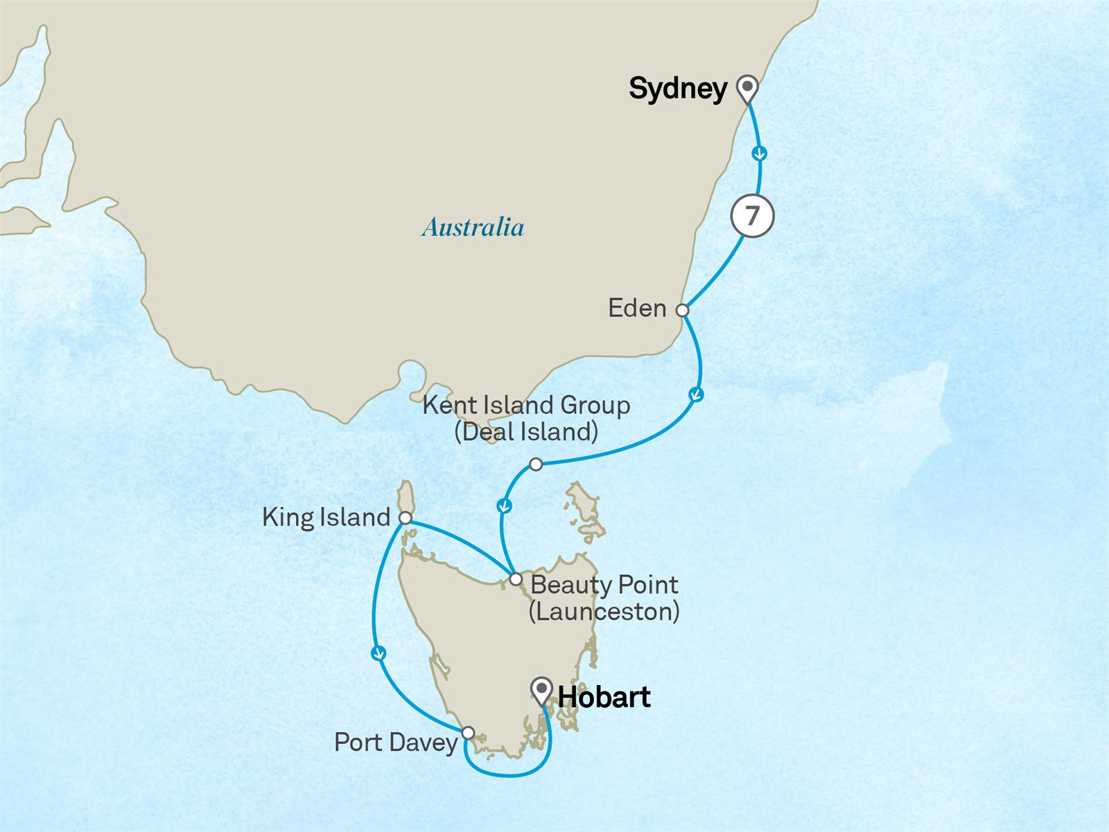 Tasmania's Pristine Wilderness: Sydney to Hobart Scenic itinerary route map for voyage 141O101128.1