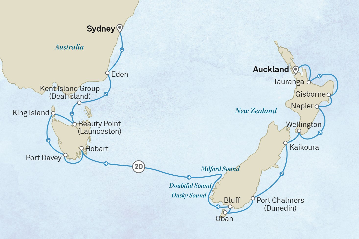Ultimate Voyage: Australia’s East Coast & New Zealand’s Fjords: Sydney to Auckland Scenic itinerary route map for voyage 142O101128.1