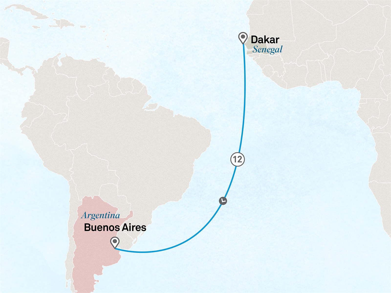 Wellness Voyage: Africa to South America: Dakar to Buenos Aires Scenic itinerary route map for voyage 151R031128.2