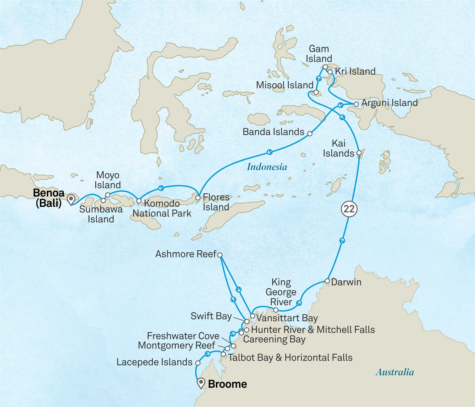 Ultimate Voyage: Ancient Kimberley, Komodo & Spice Islands: Broome to Denpasar Scenic itinerary route map for voyage 152O280728.2