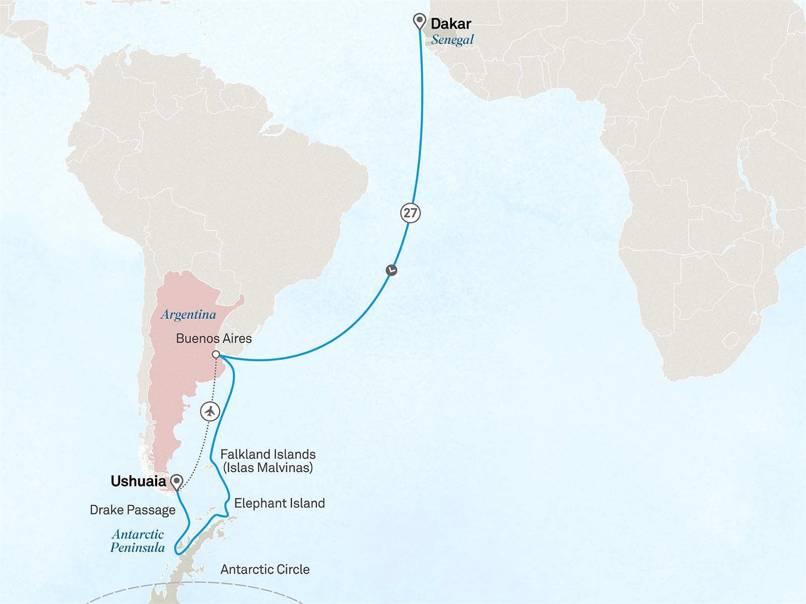 Ultimate Atlantic Odyssey: Africa to Antarctica: Dakar to Buenos Aires Scenic itinerary route map for voyage 152R031128.2
