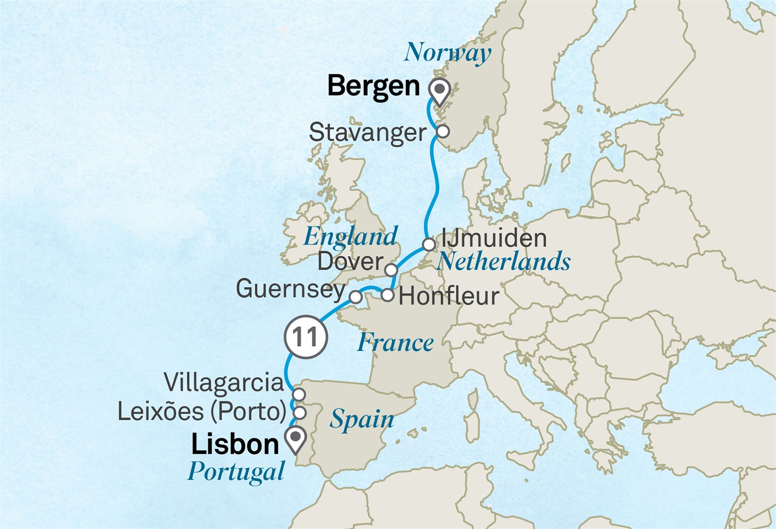 The History & Traditions of Europe: Tastes of Discovery with Chef Gabriel Rodriguez: Bergen to Lisbon Scenic itinerary route map for voyage 161E020926.1